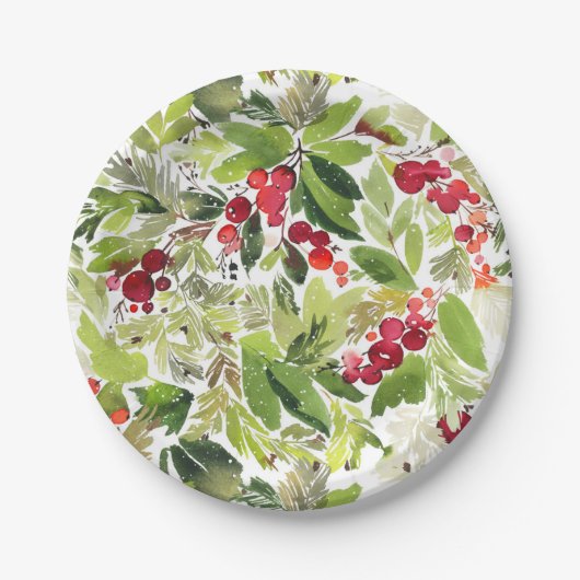フェスティバルホリーベリーとエバーグリーンウォーター色 ペーパープレート (正面)