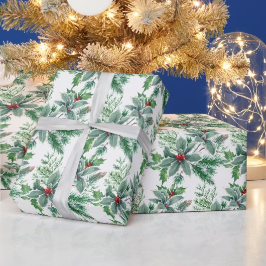フェスティバルホリーベリーウォーターカラークリスマスホリデー ラッピングペーパー (クリスマス)
