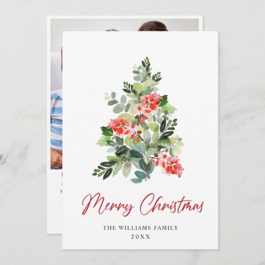 フェスティバルホリーベリークリスマスツリーのグリーティングフォト シーズンカード (正面/裏面)