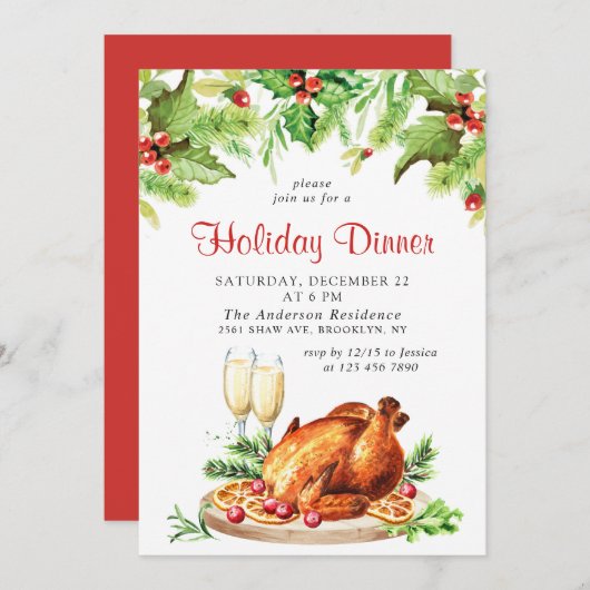 フェスティバルホリーベリークリスマスホリデーディナーパーティー 招待状 (正面/裏面)