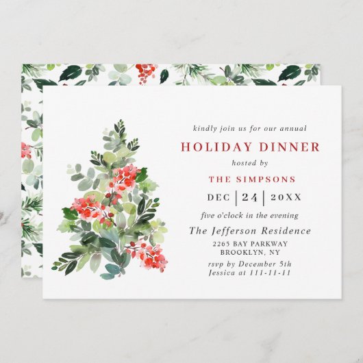 フェスティバルホリーベリーツリークリスマスホリデーディナー 招待状 (正面/裏面)