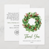 フェスティバルホリーベリーパインコーンリースクリスマス サンキューカード (正面/裏面)