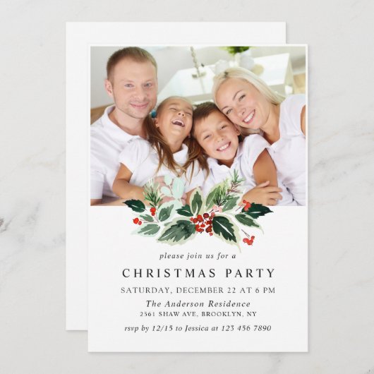 フェスティバルホリーベリーフォトホリデークリスマスパーティー 招待状 (正面/裏面)