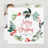 フェスティバルホリーベリーリースクリスマスフォトホリデー シーズンカード (正面/裏面)