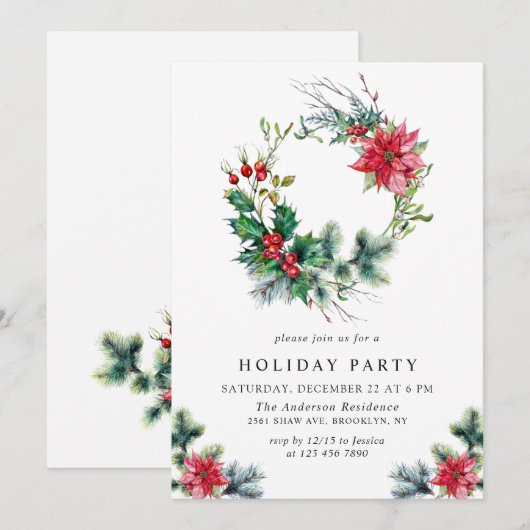 フェスティバルホリーベリーリースホリデークリスマスパーティー 招待状 (正面/裏面)