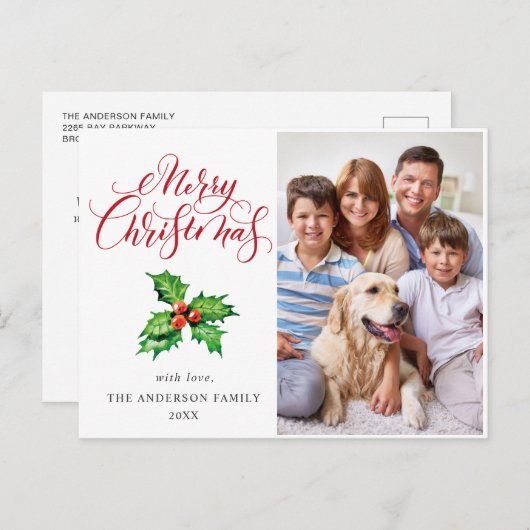 フェスティバルホリーベリー写真クリスマスグリーティング シーズンポストカード (正面/裏面)