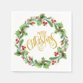フェスティバルホリーリース – ゴールドフォイルメリークリスマス スタンダードカクテルナプキン (正面)