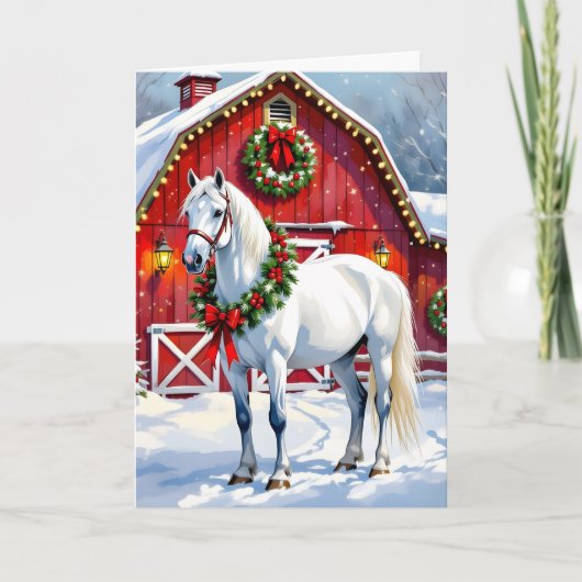フェスティバルホワイトホースと冬の納屋クリスマス カード (正面)
