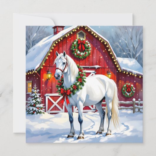 フェスティバルホワイトホースと冬の納屋クリスマス シーズンカード (正面)