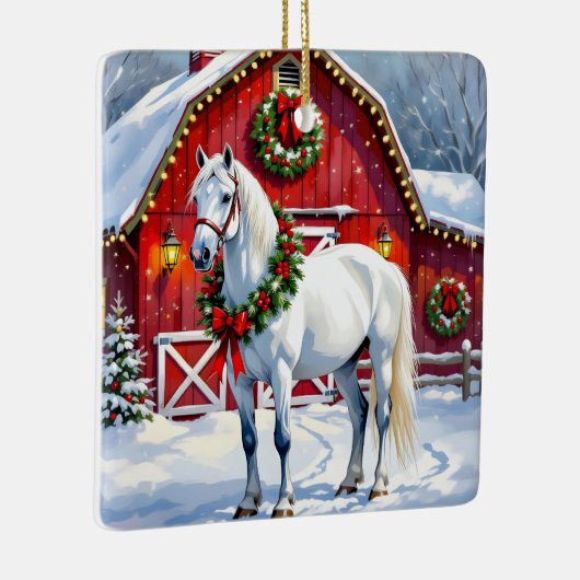 フェスティバルホワイトホースと冬の納屋クリスマス セラミックオーナメント (右)