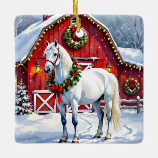 フェスティバルホワイトホースと冬の納屋クリスマス セラミックオーナメント (正面)
