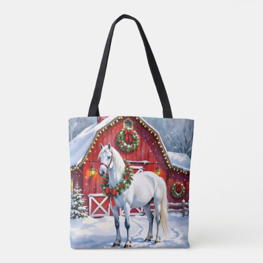 フェスティバルホワイトホースと冬の納屋クリスマス トートバッグ (裏面)