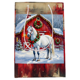 フェスティバルホワイトホースと冬の納屋クリスマス ミディアムペーパーバッグ