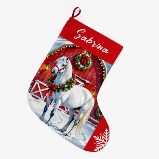 フェスティバルホワイトホースと冬の納屋クリスマス ラージクリスマスストッキング (正面 (吊り時))