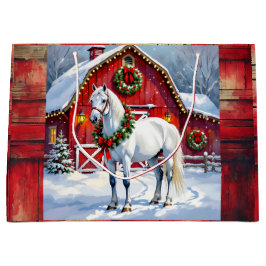 フェスティバルホワイトホースと冬の納屋クリスマス ラージペーパーバッグ
