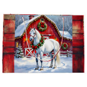 フェスティバルホワイトホースと冬の納屋クリスマス ラージペーパーバッグ (裏面)