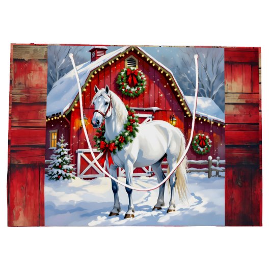 フェスティバルホワイトホースと冬の納屋クリスマス ラージペーパーバッグ (裏面)