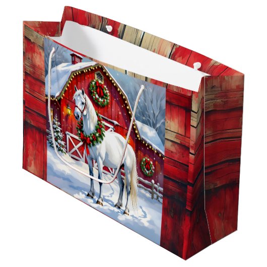 フェスティバルホワイトホースと冬の納屋クリスマス ラージペーパーバッグ (正面アングル)