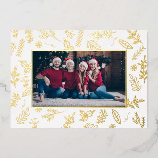 フェスティバルホワイト金ゴールドクリスマスボタニカルフォトカード 箔シーズンカード (正面)