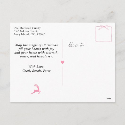フェスティバルボウ&ツリーズドードルピンクホリデーハガキ シーズンポストカード (裏面)