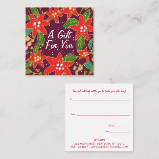 フェスティバルポインセチアのクリスマスプレゼント証明書 スクエア名刺 (正面/裏面)