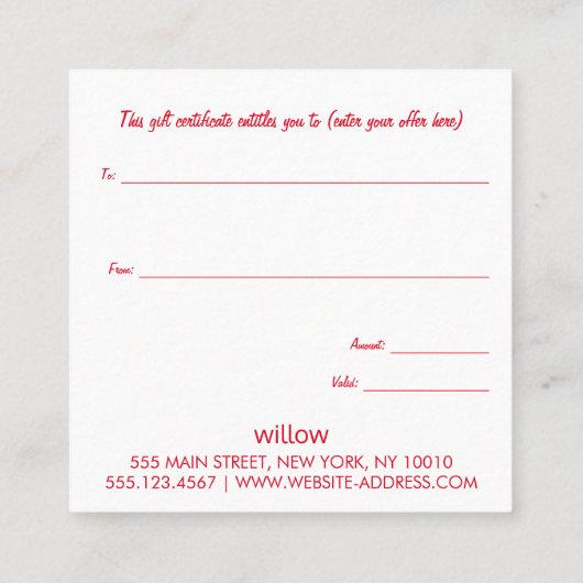 フェスティバルポインセチアのクリスマスプレゼント証明書 スクエア名刺 (裏面)