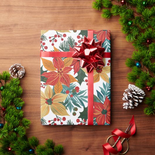 フェスティバルポインセチアレトロクリスマス ラッピングペーパー (クリスマスギフト)