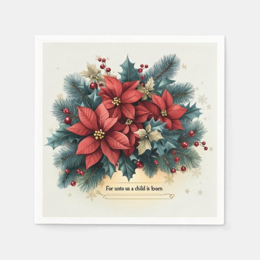 フェスティバルポインセチア出生バイブルVerse Decopage スタンダードカクテルナプキン (正面)