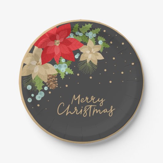 フェスティバルポインセチア&ベリークリスマスプレート ペーパープレート (正面)