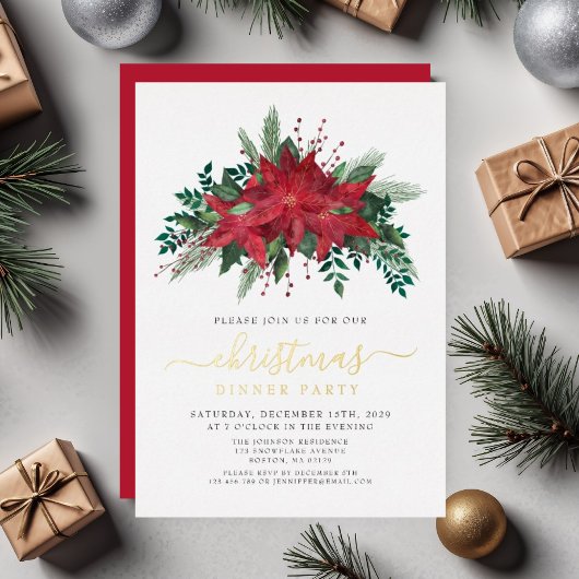 フェスティバルポインセティアクリスマスディナーパーティー金ゴールド 箔招待状