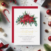 フェスティバルポインセティアクリスマスディナーパーティー金ゴールド 箔招待状