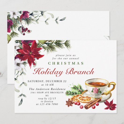 フェスティバルポインセティアクリスマスホリデーブランチ 招待状 (正面/裏面)