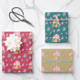 フェスティバルマッシュルーム赤い緑の黄金色のクリスマス ラッピングペーパーシート