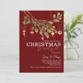 フェスティバルマルーンレッドクリスマスツリーオーナメントパーティー 招待状 (スタンド正面)