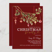 フェスティバルマルーンレッドクリスマスツリーオーナメントパーティー 招待状 (正面/裏面)