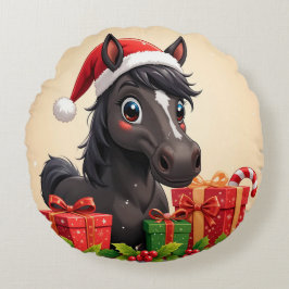 フェスティバルマンガ黒馬とサンタハット ラウンドクッション