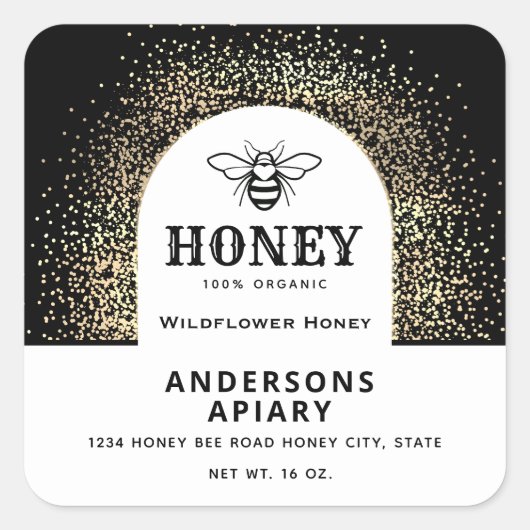 フェスティバルミニマモダンリスト金ゴールド蜂蜜瓶 スクエアシール (正面)