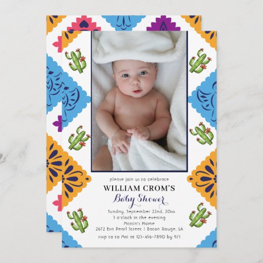 フェスティバルメキシコ紙ファンサボテン赤ちゃんシャワー 招待状 (正面/裏面)