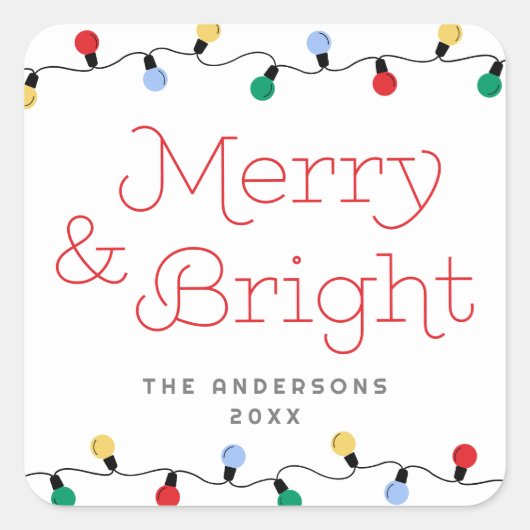 フェスティバルメリーと明るいカラフルクリスマスライト スクエアシール (正面)