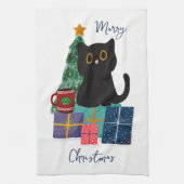 フェスティバルメリークリスマスかわいい黒猫コーヒーアート キッチンタオル (縦)