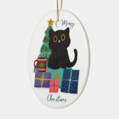 フェスティバルメリークリスマスかわいい黒猫コーヒーアート セラミックオーナメント (左)