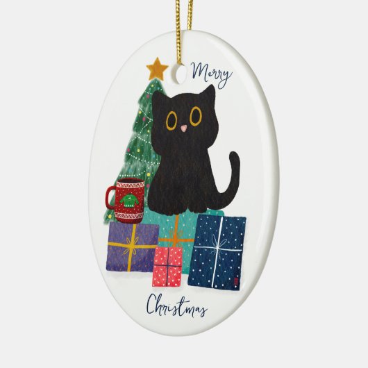 フェスティバルメリークリスマスかわいい黒猫コーヒーアート セラミックオーナメント (左)