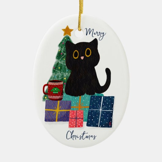 フェスティバルメリークリスマスかわいい黒猫コーヒーアート セラミックオーナメント (正面)