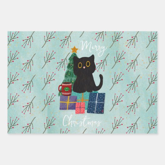 フェスティバルメリークリスマスかわいい黒猫コーヒーアート ラッピングペーパーシート (正面3)