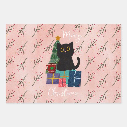 フェスティバルメリークリスマスかわいい黒猫コーヒーアート ラッピングペーパーシート (正面)