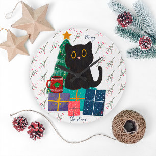 フェスティバルメリークリスマスかわいい黒猫コーヒーアート ラージ壁時計