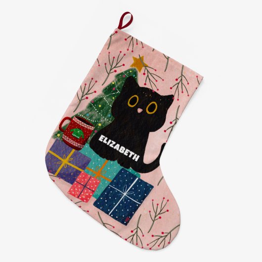 フェスティバルメリークリスマスかわいい黒猫コーヒーピンク ラージクリスマスストッキング (正面 (吊り時))