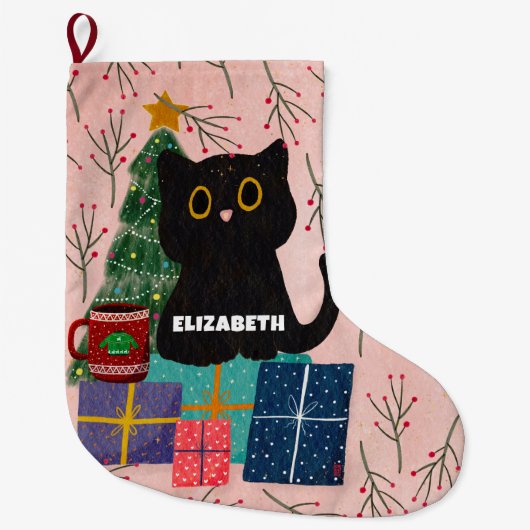 フェスティバルメリークリスマスかわいい黒猫コーヒーピンク ラージクリスマスストッキング (正面)