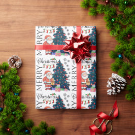 フェスティバルメリークリスマスとツリー、サンタ、ギフト ラッピングペーパー