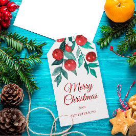 フェスティバルメリークリスマスウォーターカラーレッドベリー ギフトタグ